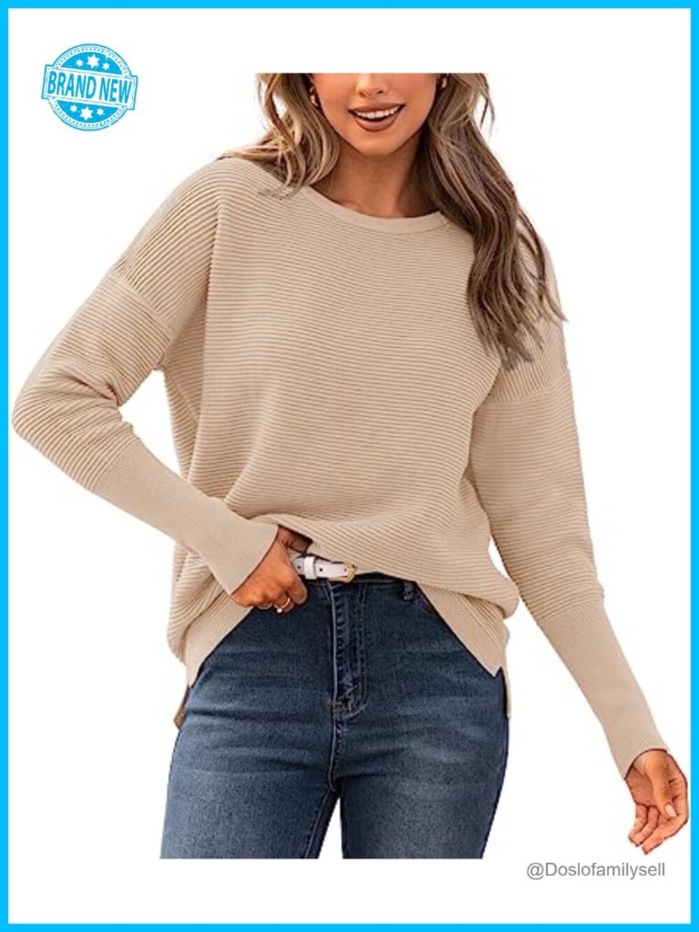 Women's Ribbed Knit Long Sleeve Sweater Pullover Crew Neck Loose Fit
